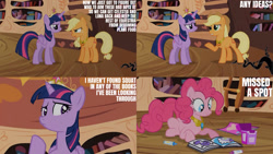 Size: 1280x720 | Tagged: safe, edit, edited screencap, editor:quoterific, screencap, applejack, pinkie pie, twilight sparkle, alicorn, earth pony, pony, g4, my little pony: friendship is magic, princess twilight sparkle (episode), season 4, applejack's hat, big crown thingy, cowboy hat, element of honesty, element of laughter, element of magic, female, golden oaks library, hat, jewelry, mare, open mouth, regalia, smiling, twilight sparkle (alicorn)