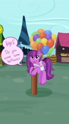 Size: 3000x5400 | Tagged: safe, artist:horse-time-babey, oc, oc only, oc:emilia starsong, pegasus, pony, absurd resolution, bag, balloon, balloon package, dialogue, female, floating, helium tank, mare, outdoors, ponyville, saddle bag, solo, speech bubble, talking to viewer, that pony sure does love balloons