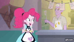 Size: 640x360 | Tagged: safe, screencap, grease trap, pinkie pie, coinky-dink world, equestria girls, g4, my little pony equestria girls: summertime shorts, animated, background human, cook, cute, dancing, diapinkes, duo, eyes closed, female, gif, gifs.com, greasy joe, male, open mouth, open smile, ponk, smiling, spatula