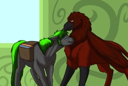 Size: 1000x677 | Tagged: safe, artist:foxenawolf, oc, oc:free agent, oc:long path, earth pony, griffon, pony, fanfic:quantum gallop, disguise, disguised changeling, duo, eyes closed, fanfic art, glasses, male, stallion