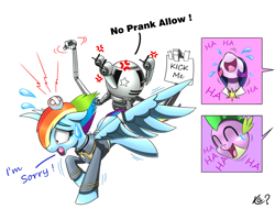 Size: 1955x1482 | Tagged: safe, artist:questionmarkdragon, rainbow dash, spike, twilight sparkle, dragon, pegasus, pony, robot, unicorn, fallout equestria, g4, cross-popping veins, fallout, female, grammar error, kick me, laughing, male, mare, ministry mares, mister handy, offscreen character, sign, simple background, spread wings, unicorn twilight, white background, wings