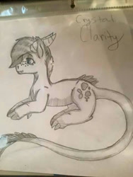 Size: 480x640 | Tagged: safe, artist:shouka2016, oc, oc:crystal clarity, dracony, hybrid, kilalaverse, female, interspecies offspring, offspring, parent:rarity, parent:spike, parents:sparity, pencil drawing, photo, solo, traditional art