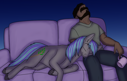 Size: 1000x636 | Tagged: safe, artist:foxenawolf, oc, oc only, oc:caleb awad, oc:willow branch, earth pony, human, pony, fanfic:beginning anew, couch, cup, duo, fanfic art, female, male, mare, sleeping