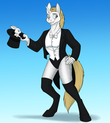 Size: 895x1000 | Tagged: safe, artist:foxenawolf, angel bunny, oc, oc:pearl belle (goldfur), unicorn, anthro, unguligrade anthro, fanfic:beginning anew, g4, angel bunny is not amused, blonde mane, duo, gradient background, hat, horn, magician, offspring, parent:oc:mark wells, parent:rarity, parents:canon x oc, top hat, white fur