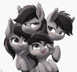 Size: 2050x1900 | Tagged: safe, artist:luminousdazzle, oc, oc only, oc:grey matter, earth pony, pony, black and white, chest fluff, clone, commission, cute, ear fluff, ear tufts, female, floppy ears, grayscale, grumpy, long ears, looking at each other, looking at someone, mare, monochrome, multeity, open mouth, self paradox, self ponidox, simple background, smiling, smug, unshorn fetlocks, white background