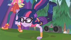 Size: 1920x1080 | Tagged: safe, screencap, derpy hooves, sci-twi, twilight sparkle, equestria girls, g4, my little pony equestria girls: choose your own ending, the road less scheduled, animation error, boombox, boots, clothes, female, geode of telekinesis, glasses, magical geodes, music festival outfit, outdoors, pantyhose, ponytail, shoes, skirt