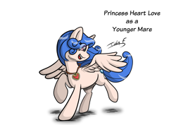 Size: 3508x2481 | Tagged: safe, artist:memprices, oc, oc only, oc:heart love, oc:princess heart love, alicorn, pony, eye clipping through hair, female, high res, looking back, mare, open mouth, open smile, original character do not steal, playful, raised hoof, running, simple background, smiling, spread wings, white background, wings