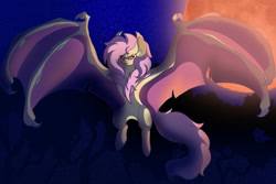 Size: 1024x683 | Tagged: safe, artist:brybrychan, fluttershy, bat pony, pony, g4, bat ponified, female, flutterbat, flying, full moon, mare, moon, night, outdoors, race swap, solo, spread wings, wing arms, wings