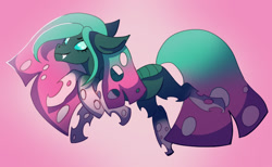Size: 911x561 | Tagged: safe, artist:brybrychan, pinkie pie, changeling, changeling queen, pony, g4, changelingified, fangs, gradient background, solo, species swap
