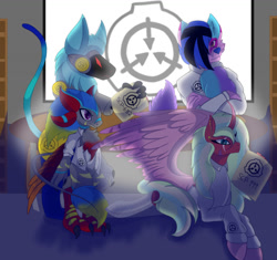 Size: 1280x1205 | Tagged: safe, artist:brybrychan, oc, oc only, alicorn, cyborg, pony, protogen, wolf, anthro, alicorn oc, anthro with ponies, clothes, crossed arms, eye scar, furry, furry oc, horn, scar, scp, scp foundation, wings