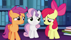 Size: 1280x720 | Tagged: safe, screencap, apple bloom, scootaloo, sweetie belle, earth pony, pegasus, pony, unicorn, g4, season 6, the fault in our cutie marks, apple bloom's bow, bow, cutie mark crusaders, female, filly, foal, hair bow, pouting, sad