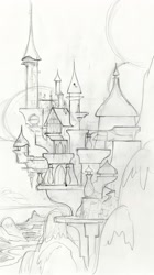Size: 1086x1946 | Tagged: safe, artist:davedunnet, official, the art of equestria, canterlot castle, concept art, grayscale, monochrome, pencil drawing, sketch, traditional art