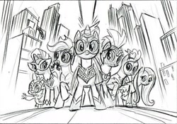 Size: 1976x1380 | Tagged: artist needed, safe, applejack, fili-second, fluttershy, mistress marevelous, pinkie pie, radiance, rainbow dash, rarity, saddle rager, spike, twilight sparkle, zapp, dragon, pony, g4, my little pony: the art of equestria, official, concept art, grayscale, humdrum costume, mane six, masked matter-horn costume, monochrome, pencil drawing, power ponies, traditional art