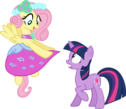 Size: 3473x3000 | Tagged: safe, artist:cloudy glow, fluttershy, twilight sparkle, pegasus, pony, unicorn, a canterlot wedding, g4, .ai available, alternate hairstyle, clothes, dress, duo, duo female, female, flying, full body, high res, hooves, horn, looking at someone, looking down, mare, multicolored mane, multicolored tail, open mouth, open smile, raised hoof, simple background, smiling, spread wings, standing, surprised, tail, transparent background, unicorn twilight, vector, wedding dress, wings
