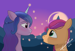 Size: 3800x2600 | Tagged: safe, artist:cobaltskies002, izzy moonbow, sunny starscout, earth pony, firefly (insect), insect, pony, unicorn, g5, my little pony: a new generation, amazed, blushing, cute, daaaaaaaaaaaw, fanart, female, high res, izzybetes, lesbian, looking at each other, looking at someone, mare, moon, ship:moonscout, shipping, signature, simple background, smiling, sunnybetes