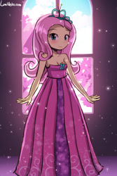 Size: 750x1125 | Tagged: safe, artist:lumineko, fluttershy, costume conundrum, equestria girls, equestria girls series, g4, spoiler:eqg series (season 2), alternate universe, bare shoulders, breasts, cleavage, clothes, costume conundrum: rarity, cute, dress, female, flutterbeautiful, gown, looking at you, princess costume, princess fluttershy, shyabetes, sleeveless, smiling, smiling at you, solo, strapless