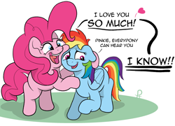 Size: 2330x1674 | Tagged: safe, artist:doodledonutart, pinkie pie, rainbow dash, earth pony, pegasus, pony, g4, blue eyes, comic, dialogue, duo, duo female, female, floating heart, floppy ears, folded wings, heart, hooves, hug, mare, open mouth, open smile, pink mane, pink tail, raised hoof, shadow, simple background, smiling, standing, tail, white background, wings