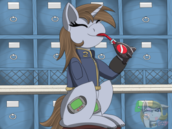 Size: 1600x1200 | Tagged: safe, artist:gray star, oc, oc:littlepip, pony, unicorn, fallout equestria, clothes, commission, drinking, happy, jumpsuit, pipbuck, sitting, sparkle cola, vault suit