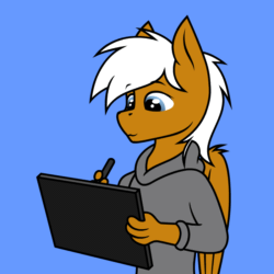 Size: 800x800 | Tagged: safe, artist:pegasko, oc, oc only, oc:breezy brown, pegasus, anthro, animated, blinking, clothes, drawing, dress, gif, graphics tablet, holding, hoodie, looking at something, paws, pegasus oc, simple background, solo, stylus, wings