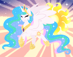 Size: 1760x1372 | Tagged: safe, artist:thehaywaiianhorse, princess celestia, alicorn, pony, g4, cutie mark, eyes closed, female, mare, smiling, solo, spread wings, wings