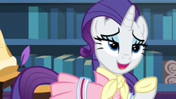 Size: 1920x1080 | Tagged: safe, screencap, rarity, g4, the end in friend, book, bookshelf, clothed ponies, clothes, female, indoors, inkwell, mare, neckerchief, quill, scroll, solo, stool