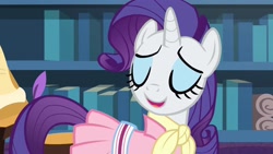 Size: 1920x1080 | Tagged: safe, screencap, rarity, g4, the end in friend, book, bookshelf, clothed ponies, clothes, female, indoors, mare, neckerchief, quill, scroll, solo, stool