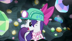 Size: 1920x1080 | Tagged: safe, screencap, rarity, g4, the end in friend, bow, cave, eyelashes, female, gem, gem cave, gemstones, hair bow, headlamp, helmet, mare, missing horn, neckerchief, solo, underground