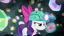 Size: 1920x1080 | Tagged: safe, screencap, rarity, g4, the end in friend, bow, cave, eyelashes, female, gem, gem cave, gemstones, hair bow, headlamp, helmet, mare, missing horn, neckerchief, solo, underground