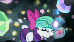 Size: 1920x1080 | Tagged: safe, screencap, rarity, g4, the end in friend, bow, cave, eyelashes, female, gem, gem cave, gemstones, hair bow, headlamp, helmet, mare, missing horn, neckerchief, solo, underground