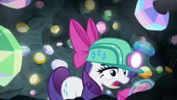 Size: 1920x1080 | Tagged: safe, screencap, rarity, g4, the end in friend, bow, cave, eyelashes, female, gem, gem cave, gemstones, hair bow, headlamp, helmet, mare, missing horn, neckerchief, solo, underground