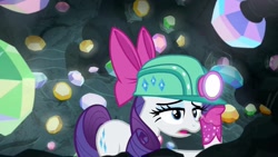 Size: 1920x1080 | Tagged: safe, screencap, rarity, g4, the end in friend, bow, cave, eyelashes, female, gem, gem cave, gemstones, hair bow, headlamp, helmet, mare, missing horn, neckerchief, solo, underground