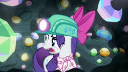 Size: 1920x1080 | Tagged: safe, screencap, rarity, g4, the end in friend, bow, cave, eyelashes, female, gem, gem cave, gemstones, hair bow, headlamp, helmet, mare, missing horn, neckerchief, solo, underground