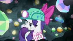 Size: 1920x1080 | Tagged: safe, screencap, rarity, g4, the end in friend, bow, cave, eyelashes, female, gem, gem cave, gemstones, hair bow, headlamp, helmet, mare, missing horn, neckerchief, solo, underground