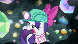 Size: 1920x1080 | Tagged: safe, screencap, rarity, g4, the end in friend, bow, cave, eyelashes, female, gem, gem cave, gemstones, hair bow, headlamp, helmet, mare, missing horn, neckerchief, solo, underground