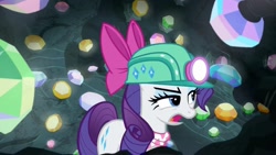 Size: 1920x1080 | Tagged: safe, screencap, rarity, g4, the end in friend, bow, cave, eyelashes, female, gem, gem cave, gemstones, hair bow, headlamp, helmet, mare, missing horn, neckerchief, solo, underground