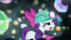 Size: 1920x1080 | Tagged: safe, screencap, rarity, g4, the end in friend, bow, cave, eyelashes, female, gem, gem cave, gemstones, hair bow, headlamp, helmet, mare, missing horn, neckerchief, solo, underground