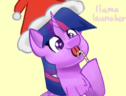 Size: 3000x2300 | Tagged: safe, artist:llamalauncher, twilight sparkle, alicorn, pony, g4, candy, candy cane, christmas, female, food, hat, high res, holiday, licking, santa hat, simple background, solo, tongue out, twilight sparkle (alicorn)
