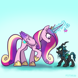 Size: 2048x2048 | Tagged: safe, artist:pfeffaroo, part of a set, princess cadance, queen chrysalis, alicorn, changeling, changeling queen, nymph, pony, g4, age regression, angry, cute, cutealis, cutedance, duo, duo female, female, filly, filly queen chrysalis, frown, glowing, glowing horn, heart, high res, horn, light blue background, looking at each other, looking at someone, madorable, magic, magic aura, mare, open mouth, raised hoof, shadow, signature, simple background, smiling, younger
