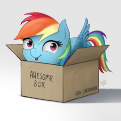 Size: 1300x1300 | Tagged: safe, alternate character, alternate version, artist:magfen, rainbow dash, pegasus, pony, g4, :p, box, cute, dashabetes, female, if i fits i sits, mare, pony in a box, simple background, solo, tongue out, white background