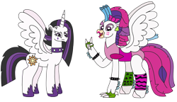 Size: 3134x1803 | Tagged: safe, artist:supahdonarudo, princess celestia, queen novo, alicorn, classical hippogriff, hippogriff, pony, between dark and dawn, g4, my little pony: the movie, bow, choker, clothes, devil horn (gesture), ear piercing, earring, five nights at freddy's, five nights at freddy's: security breach, glam rock, glamrock chica, goth, jewelry, leggings, leopard print, leotard, lipstick, makeup, piercing, punklestia, simple background, spiked choker, spiked wristband, transparent background, wristband, zebra print
