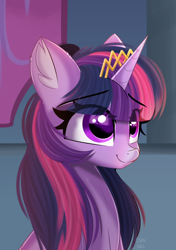 Size: 1748x2480 | Tagged: safe, artist:janelearts, twilight sparkle, alicorn, pony, alternate hairstyle, bust, crown, ear fluff, eye clipping through hair, eyebrows, eyebrows visible through hair, eyelashes, female, high res, horn, jewelry, mare, multicolored mane, regalia, smiling, solo, twilight sparkle (alicorn)