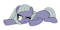 Size: 1080x538 | Tagged: safe, edit, edited screencap, limestone pie, earth pony, pony, g4, the maud couple, female, frown, hooves, lying down, mare, missing cutie mark, one eye closed, prone, simple background, solo, transparent background