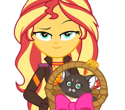 Size: 1635x1440 | Tagged: safe, edit, edited screencap, screencap, sunset shimmer, cat, equestria girls, equestria girls specials, g4, my little pony equestria girls: better together, my little pony equestria girls: sunset's backstage pass, background removed, basket, dreamworks face, hattie, lidded eyes, looking at you, not a vector, simple background, smugset shimmer, transparent background