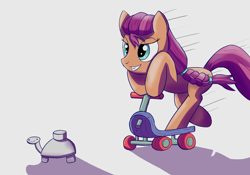 Size: 5000x3508 | Tagged: safe, artist:trackheadtherobopony, sunny starscout, earth pony, pony, g5, my little pony: a new generation, absurd resolution, asdfmovie, braid, crossover, female, gray background, grin, hooves, imminent explosion, mare, mine turtle, motion lines, oh no, scooter, shadow, simple background, smiling, this will end in explosions, this will not end well
