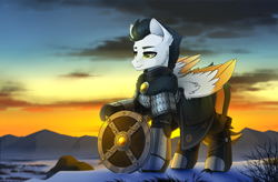 Size: 4000x2619 | Tagged: safe, artist:dipfanken, oc, oc only, pegasus, pony, armor, clothes, colored wings, mountain, partially open wings, scenery, shield, sky, snow, solo, sunset, two toned wings, wing fluff, wings