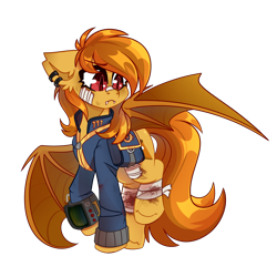 Size: 1766x1766 | Tagged: safe, artist:star-theft, oc, oc only, bat pony, pony, fallout equestria, clothes, jumpsuit, pipbuck, simple background, solo, transparent background, vault 111, vault suit