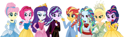 Size: 1024x307 | Tagged: safe, artist:emeraldblast63, applejack, fluttershy, pinkie pie, rainbow dash, rarity, starlight glimmer, sunset shimmer, twilight sparkle, human, equestria girls, g4, alternate hairstyle, anna (frozen), beauty and the beast, belle, cinderella, clothes, clothes swap, disney princess, dress, elsa, female, flower, frozen (movie), humane five, humane seven, humane six, lidded eyes, looking at you, moana, moana waialiki, princess aurora, princess tiana, rose, simple background, sleeping beauty, snow white, the princess and the frog, tiana, transparent background