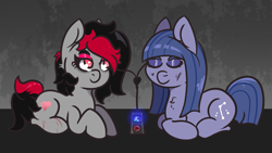 Size: 1229x693 | Tagged: safe, artist:lazerblues, oc, oc only, oc:cosmia nebula, oc:miss eri, earth pony, pony, black and red mane, chillaxing, earbuds, eyes closed, ipod, mp3 player, relaxing, sharing headphones, two toned mane
