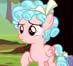 Size: 800x719 | Tagged: safe, screencap, cozy glow, pegasus, pony, g4, marks for effort, season 8, animated, bow, confused, cropped, curly mane, female, filly, foal, freckles, gif, pointing, pointing at self, solo, talking, tree, wings