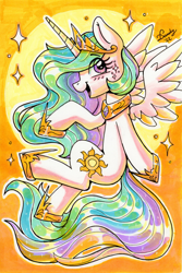 Size: 1798x2688 | Tagged: safe, artist:dandy, princess celestia, alicorn, pony, g4, blushing, copic, eye clipping through hair, female, horn, jewelry, marker drawing, markers, open mouth, regalia, smiling, solo, sun, traditional art, wings
